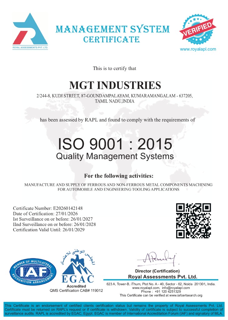 ISO 9001:2015 Certification - MGT Industries