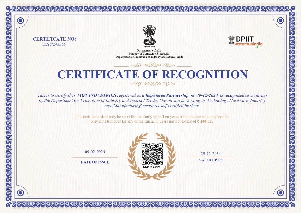 Startup India Recognition Certificate - MGT Industries